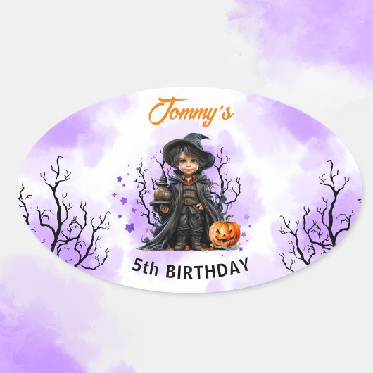 Sticker Ovale Anniversaire d'Halloween mignon petit sorcier Oval
