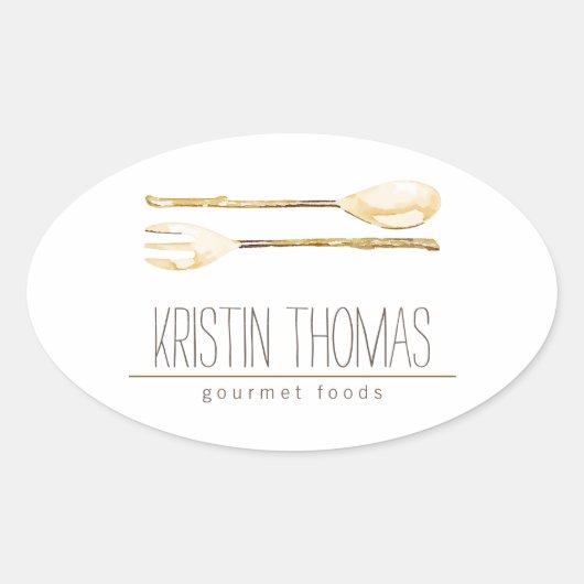 Sticker Ovale Aquarelle cuillère et fourche (Devant)