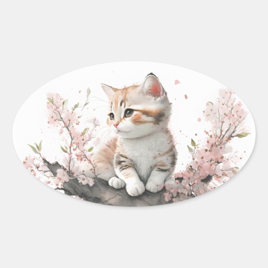 Sticker Ovale Aquarelle Kitty aux fleurs roses (Devant)