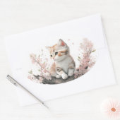 Sticker Ovale Aquarelle Kitty aux fleurs roses (Enveloppe)