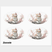 Sticker Ovale Aquarelle Kitty aux fleurs roses (Feuille)