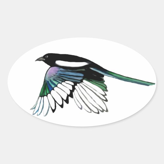 Sticker Ovale Aquarelle Magpie Bird dans Vol Nature Art (Devant)