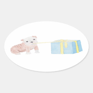 Sticker Ovale Aquarelle Mischievous Chiot avec cadeau d'annivers