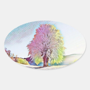 Sticker Ovale Aquarelle moderne des arbres enneigés colorés