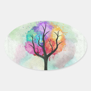 Sticker Ovale Arbre belle couleur Pastel Peinture à l'huile Abst