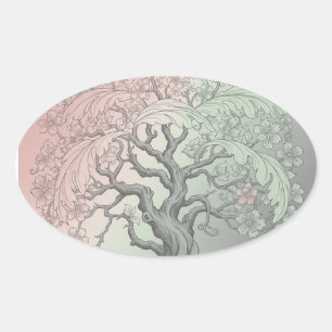 Sticker Ovale Arbre printanier vibrant personnalisable - Floral