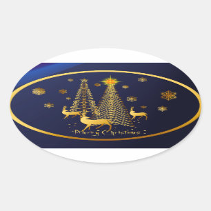 Sticker Ovale Arbres de Noël d'or et rennes