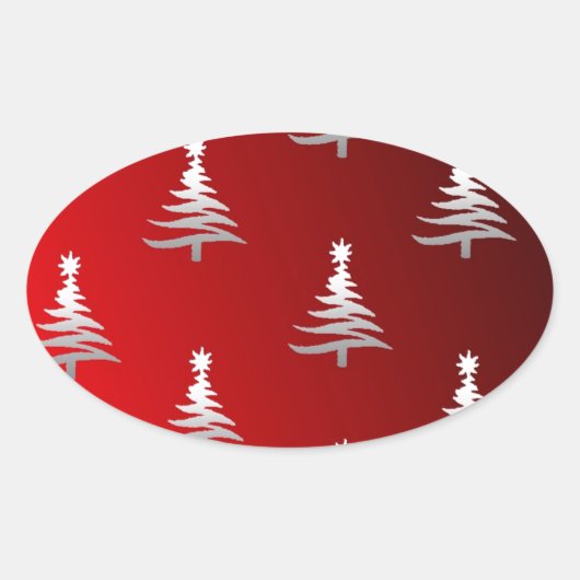 Sticker Ovale Arbres de Noël en argent sur rouge (Devant)