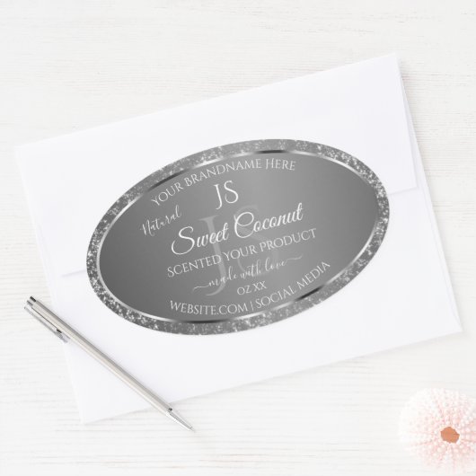Sticker Ovale Argent Gris Parties scintillant Étoiles Initiales (Enveloppe)