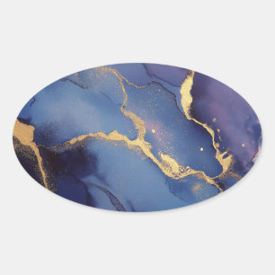 Sticker Ovale Arrière - plan bleu avec stries et points d'or