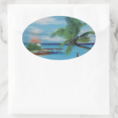 Sticker Ovale Art de la scène de plage tropicale (Sac)