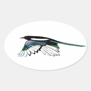 Sticker Ovale Art de nature d'oiseau de pie d'aquarelle en vol
