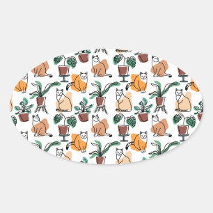 Sticker Ovale Art de trait dessin chats et fleurs