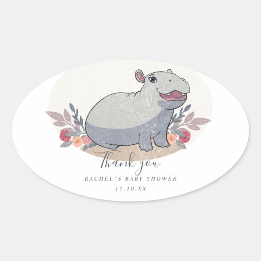 Sticker Ovale Baby shower hippo bébé mignon (Devant)