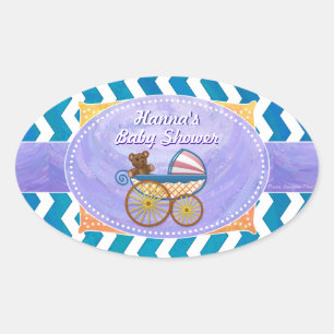 Sticker Ovale Baby shower personnalisé pourpre et bleu Chevron