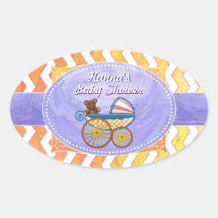 Sticker Ovale Baby shower personnalisé pourpre et jaune Chevron