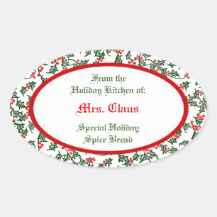 Sticker Ovale Baguette de cuisson personnalisée Green Holly avec