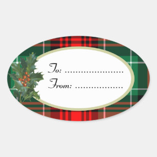 Sticker Ovale Balise cadeau Holly Red Green Plaid personnalisée