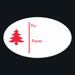 Sticker Ovale Balise cadeau Oval Christmas tree Sticker-Red<br><div class="desc">L'Arrière - plan est blanc avec un seul arbre de Noël rouge avec en rouge. Texte de : & De : sur l'autocollant pour votre destinataire de cadeaux. Customiser ou acheter tel quel. Fait pour coordonner avec toutes sortes de papier de Noël,  enveloppement cadeau.</div>