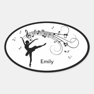 Sticker Ovale Ballerine dansant avec des notes de musique