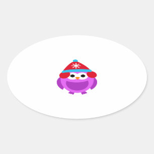 Sticker Ovale Bande dessinée mignonne de Red Hat d'hiver pourpr