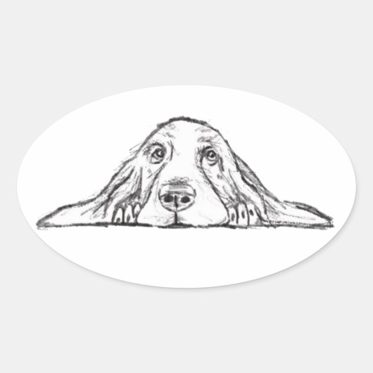 Sticker Ovale basset hound noir blanc yeux de chiot simple (Devant)