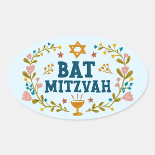 Sticker Ovale BAT MITZVAH floral à la main Juif personnalisable