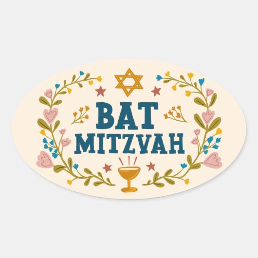 Sticker Ovale BAT MITZVAH floral à la main Juif personnalisable (Devant)