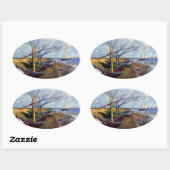 Sticker Ovale Bateaux de pêche sur la plage (Feuille)