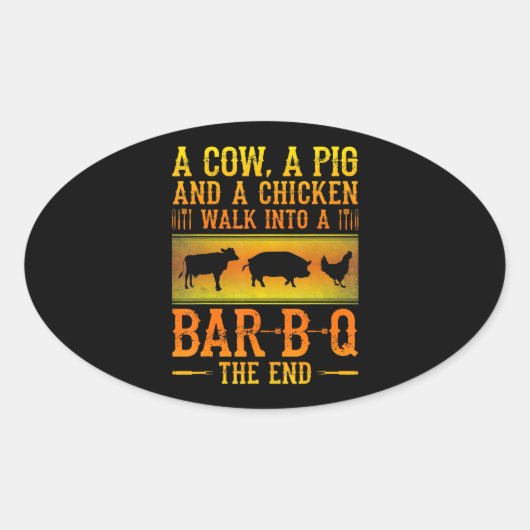 Sticker Ovale BBQ | Une Vache Un Cochon Et Un Poulet Marcher Dan (Devant)