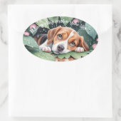 Sticker Ovale Beagle Whimsical Rainy Day Feuilles verts (Sac)