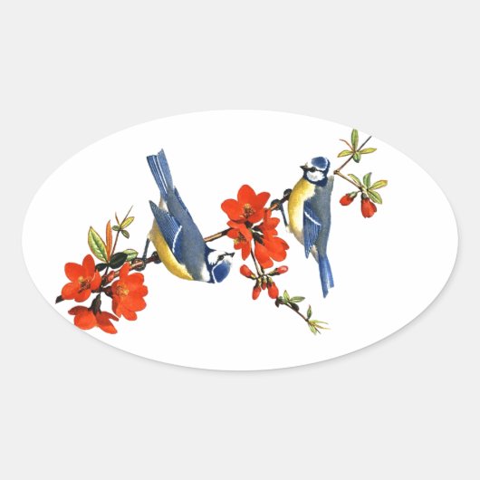 Sticker Ovale Beau arbre vintage fleurs rouges oiseaux (Devant)