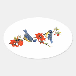 Sticker Ovale Beau arbre vintage fleurs rouges oiseaux
