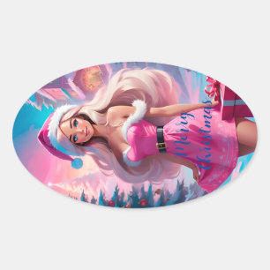 Sticker Ovale Belle fille de Noël rose 01