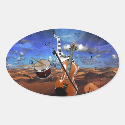 Sticker Ovale Belle musique notes violon splatter piano tambours (Devant)