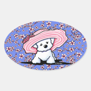 Sticker Ovale Bichon aux fleurs de cerisiers