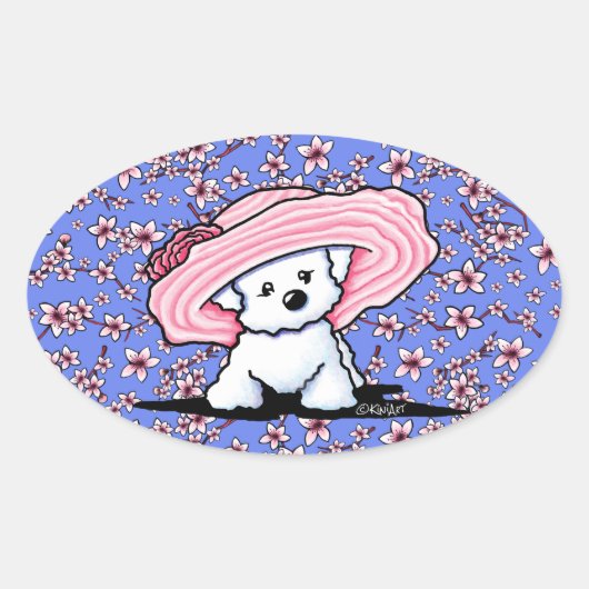 Sticker Ovale Bichon aux fleurs de cerisiers (Devant)