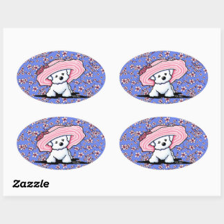 Sticker Ovale Bichon aux fleurs de cerisiers