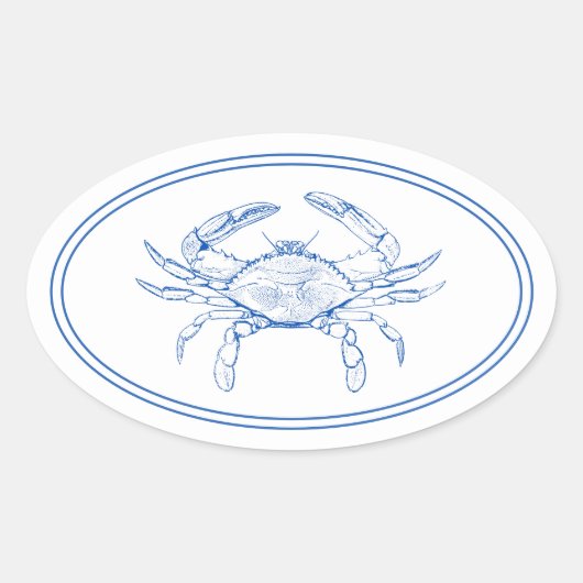 Sticker Ovale Bleu et crabe blanc de la Preppy côtière (Devant)