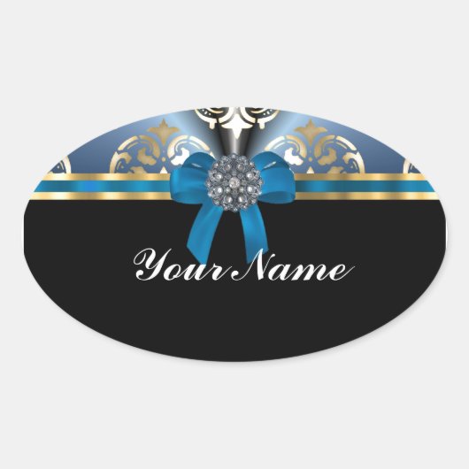 Sticker Ovale Bleu et or damassé (Devant)