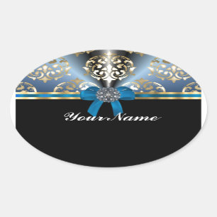Sticker Ovale Bleu et or damassé