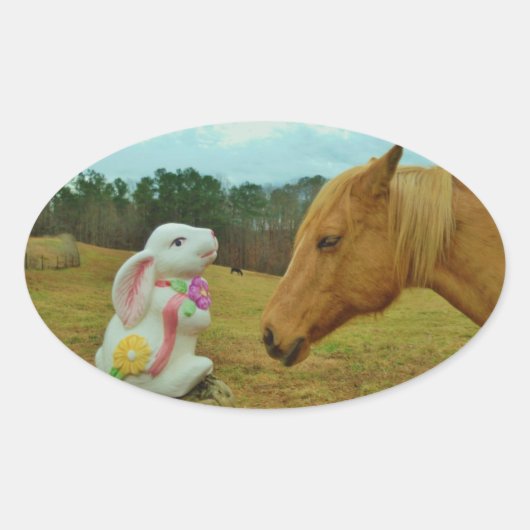 Sticker Ovale Blond Jaune cheval & Bunny de Pâques (Devant)