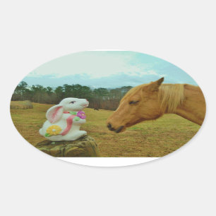 Sticker Ovale Blond Jaune cheval & Bunny de Pâques