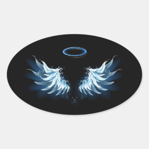 Sticker Ovale Blue Glowing Angel Wings on black background