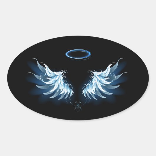 Sticker Ovale Blue Glowing Angel Wings on black background (Devant)