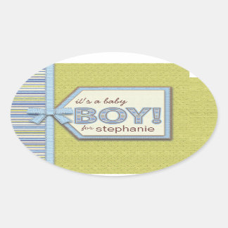 Sticker Ovale Blue Green C'est un garçon Tag Bow & Ribbon Baby F