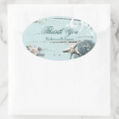 Sticker Ovale BLue Seashells Beach Mariage merci (Sac)