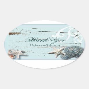 Sticker Ovale BLue Seashells Beach Mariage merci