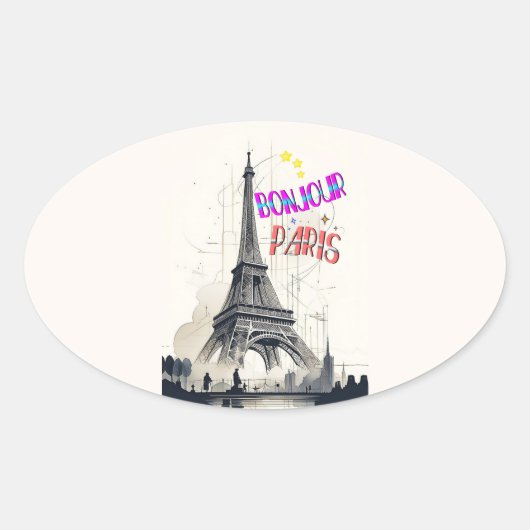 Sticker Ovale Bonjour Paris coloré (Devant)