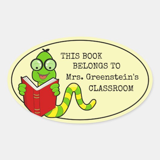 Sticker Ovale Bookworm Ce Livre Appartient À La Classe Enseignan (Devant)